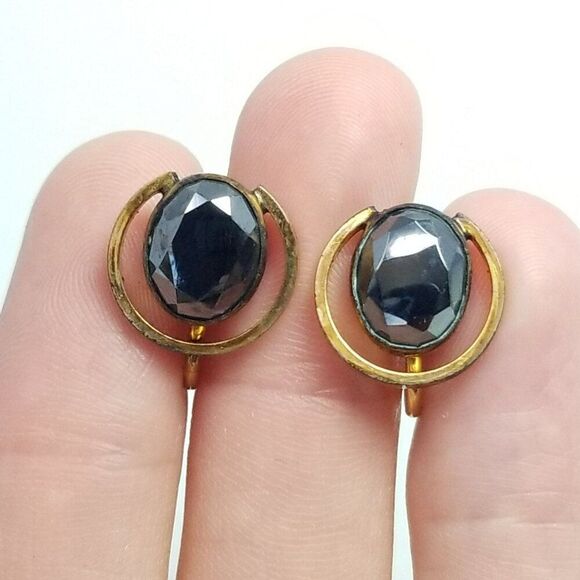 Vintage Yellow Gold Filled Oval Dark Gray Rhinestone Clip On Screw Back Earrings - Picture 10 of 11